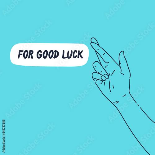A hand gesture. Palm with the index and middle fingers crossed. A modern poster in a flat style.
