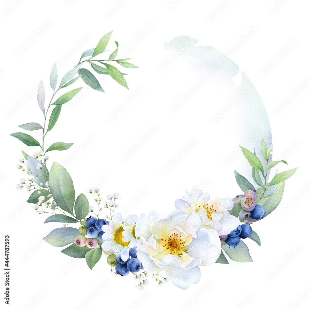 Floral frame with blueberries, white wild roses, chamomile, green leaves, herbs and an abstract greenish round shape hand drawn in watercolor isolated on a white background. Watercolor illustration.	
