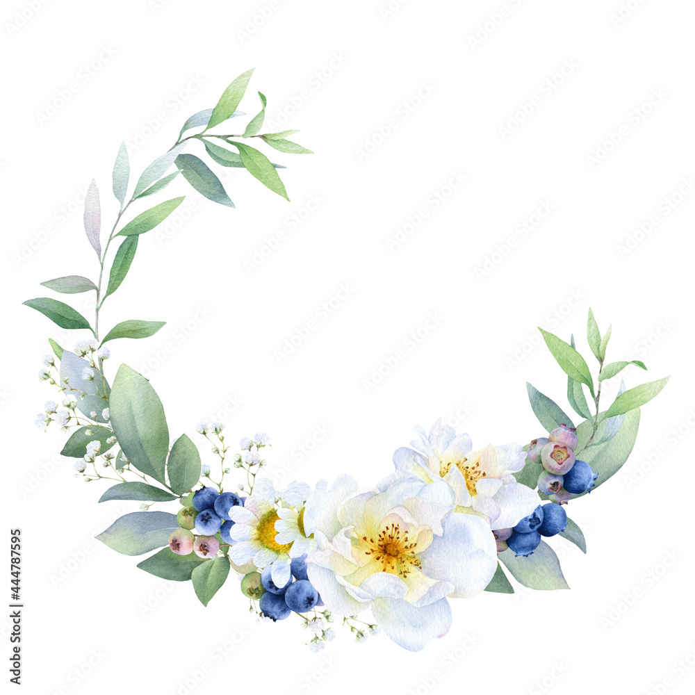 Floral frame with blueberries, white wild roses, chamomile, green leaves and herbs hand drawn in watercolor isolated on a white background. Watercolor illustration.	 Floral frame, wreath
