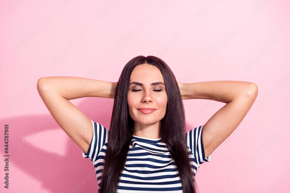 Fototapeta premium Portrait of attractive cheery dreamy woman resting holiday vacation isolated over pink pastel color background
