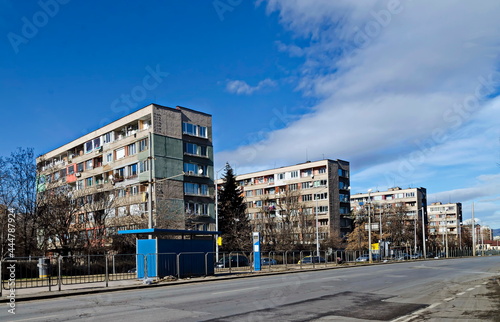 Fragment of urban infrastructure with route, tram station and street, Sofia, Bulgaria 