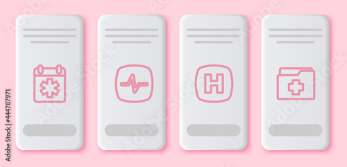 Set line Doctor appointment, Heart rate, Hospital signboard and Patient record. White rectangle button. Vector