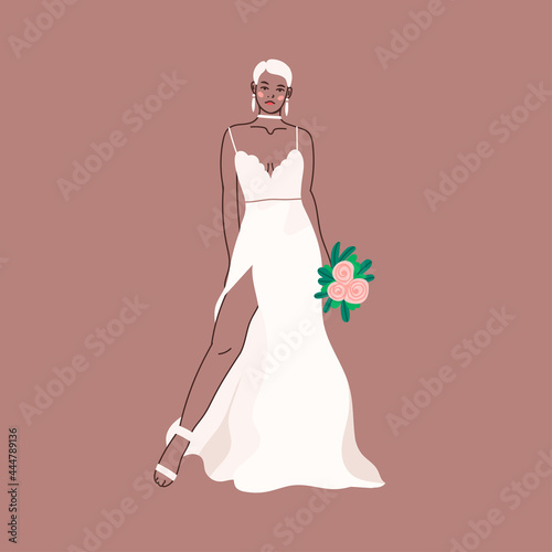 Young attractive Bride with pink bouquet. Full length view of elegant lady posing with wedding flowers. Modern bridal look. Woman standing in white wedding dress. Hand drawn trendy Vector illustration