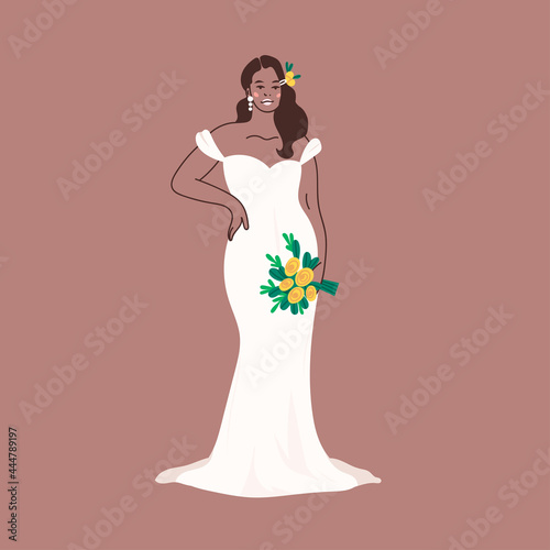 Young attractive Bride with yellow bouquet. Full length view of elegant lady with wedding flowers. Modern bridal look. Woman standing in white wedding dress. Hand drawn trendy Vector illustration
