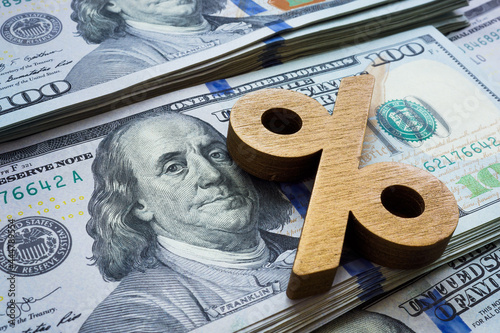 Fotografie Percentage sign on money. Dividend and investment symbol.