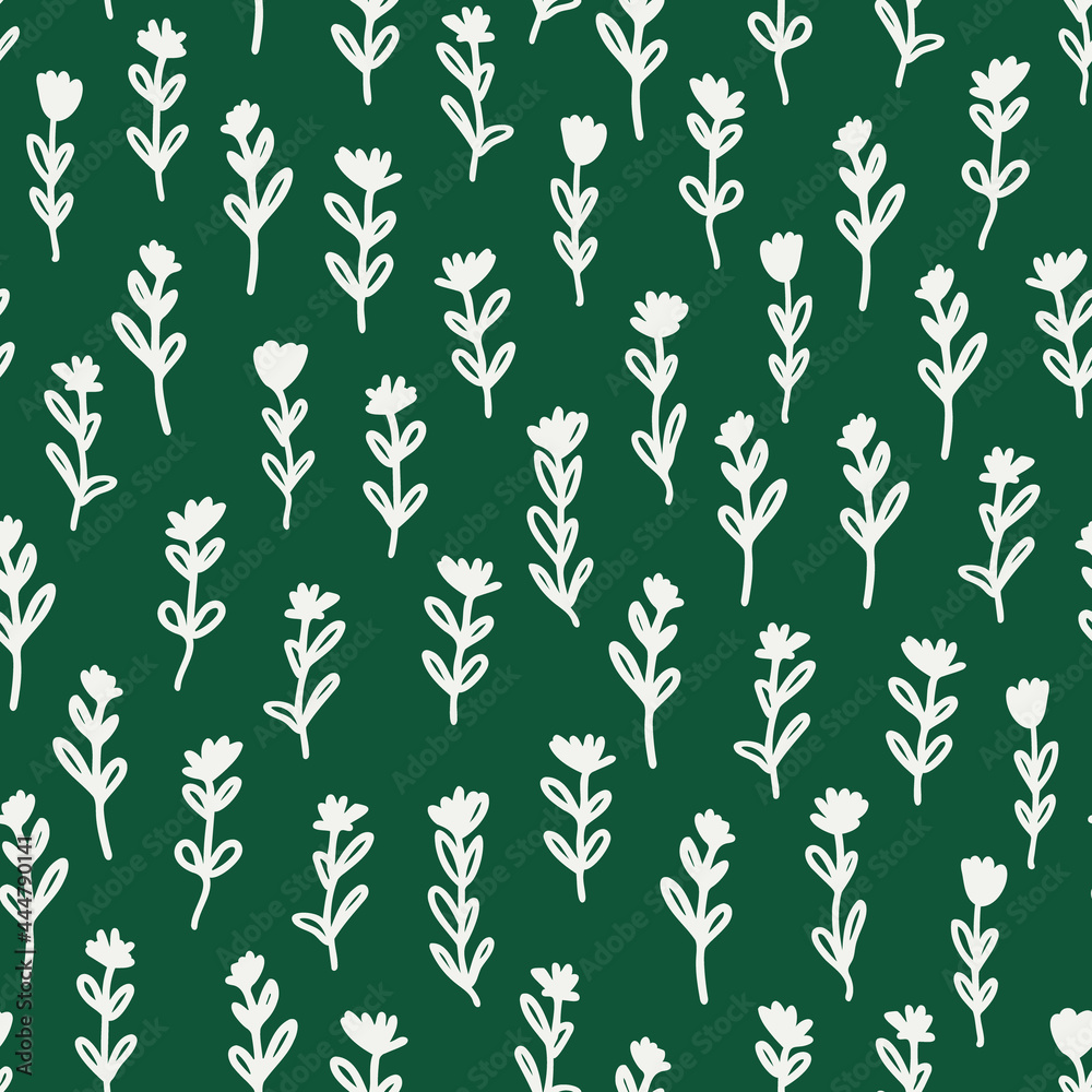 Fototapeta premium Doodled flowers with leaves seamless repeat pattern. Irregular vector botanical elements all over surface print on green background.