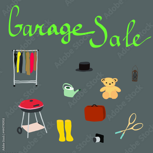 Garage,yard sale vector: various toys, household stuff and clothes putting on sale.Household used goods.Hand drawn line elements.For banners and posters, cards, brochures, invitations, website designs