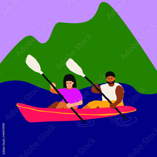 Beautiful woman and man in kayak or canoe enjoy the time at the  wanderlust traveling. Kayaking. A Couple in a Kayak. Girl and boy paddling in the Calm Sea water near the rocky coast. 