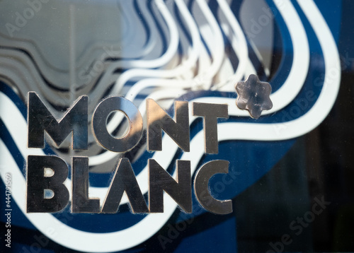 KYIV, UKRAINE - July 07, 2021. The Montblanc logo on the shop window. photo