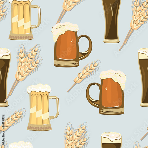 Beer mugs and ears seamless pattern.Glasses and mugs filled with foamed beers and cereals drawn in brown tones  on blue. Vector illustration.Suitable for pub decor,wrapping paper,textile print design
