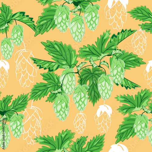 Modern artistic illustration pattern with sprigs of hops with leaves and cones.Collage green color plants and outlines design elements, arranged chaotically on yellow.Vector seamless  template.
