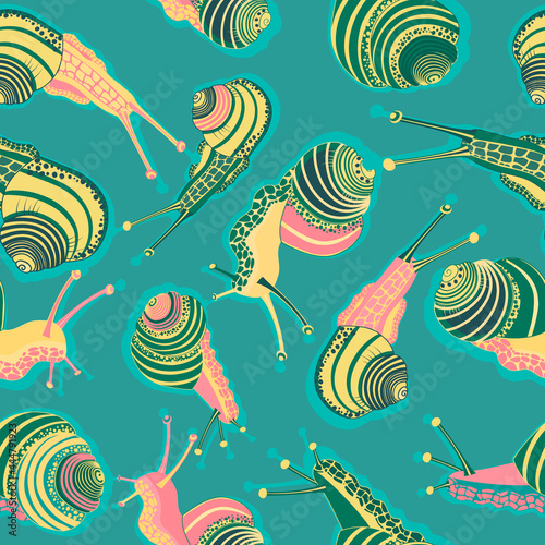 Vector seamless pattern with grape snail design elements,arranged chaotically .Cute colored snails with protruding horns in flat style on blue background.Good for wallpaper,wrapping paper,textile .