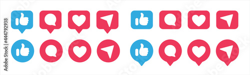 Like social network icons. Like, thumb up and heart collection. Buton for social media. Follower notification symbol. Vector illustration.