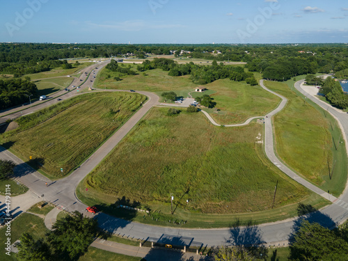 Aerial view of Boy Scout Hill Pavilion at White Rock Lake in Dallas Texas on a sunny bright summer day. 