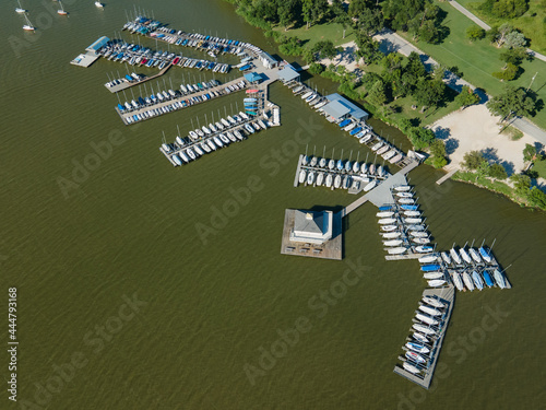 Aerial view of the docks and sailboats on White Rock Lake in Dallas Texas