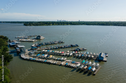 Aerial view of the docks and sailboats on White Rock Lake in Dallas Texas