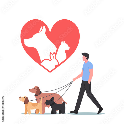 Pets Rescue and Protection Concept. Male Character Walking with Adopted Dogs Team. Leisure, Communication