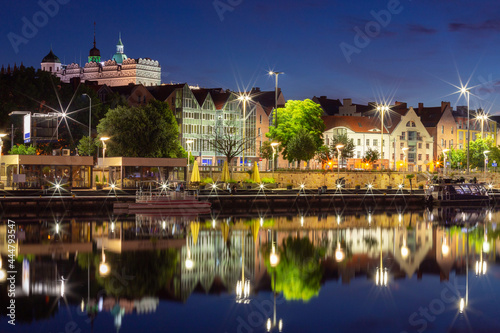 Szczecin. City embankment in the night illumination.