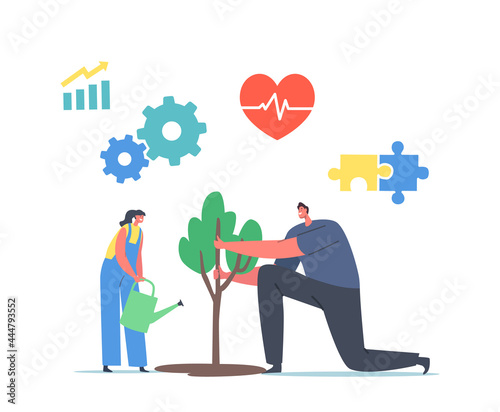 SDG Sustainable Development Goals, Restoration, Reforestation and Planting New Trees Concept. Characters Watering Plant