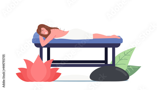 Female Character Lying on Couch with Needles Pointed in Back Applying Acupuncture Therapy. Alternative Medicine Form