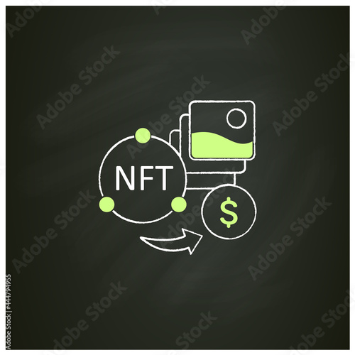 NFT fun chalk icon. Selling digital arts. Receiving money for sale intellectual property.Digitalization concept. Isolated vector illustration on chalkboard