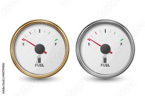 Vector 3d Realistic Golden and Silver Circle Gas Fuel Tank Gauge, Oil Level Bar Icon Set Isolated on White Background. Car Dashboard Details. Fuel Indicator, Gas Meter, Sensor. Design Template