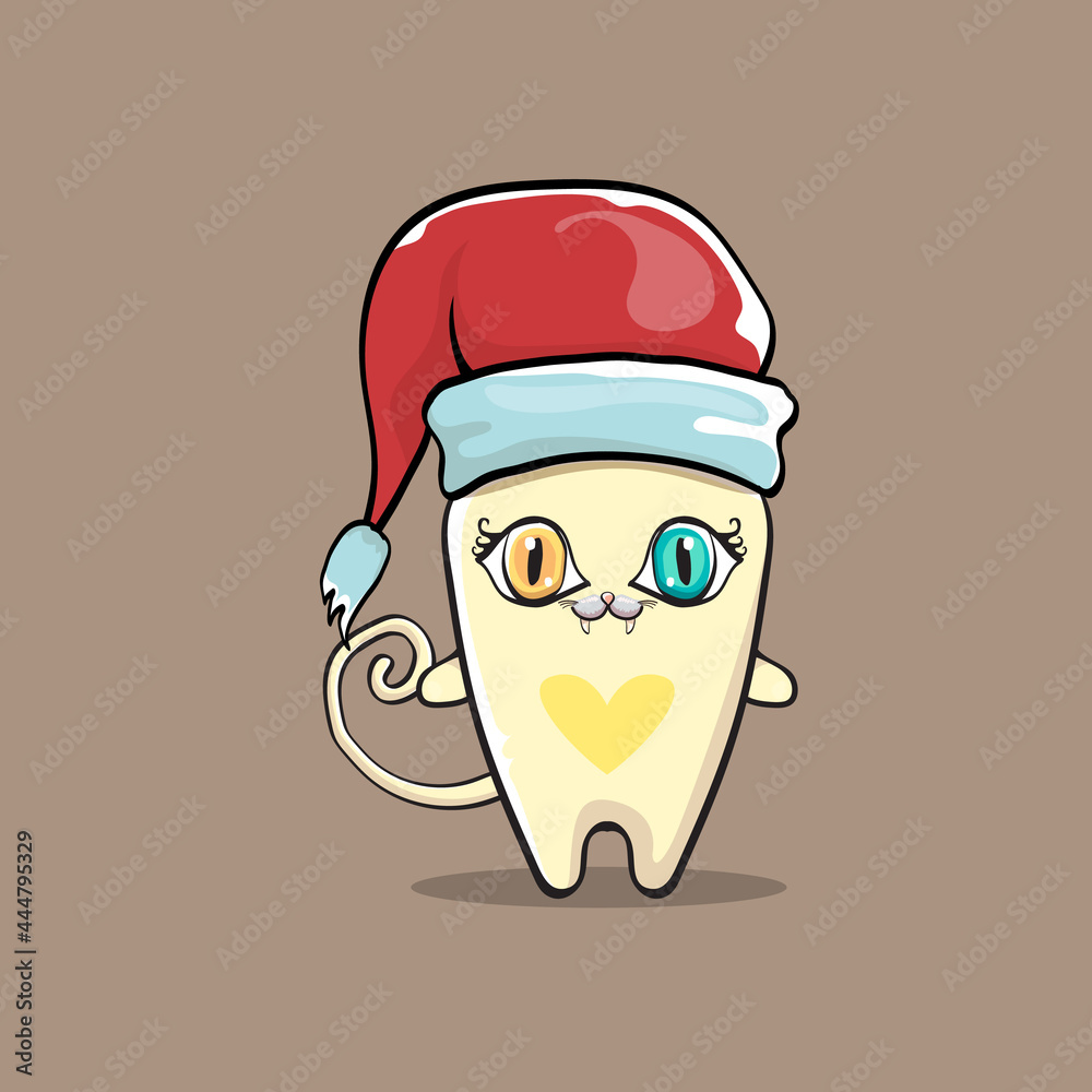 Vector cartoon yellow Santa Claus cat character with red Santa hat isolated on brown background. Funny Christmas kids poster or print design template. Vector cartoon yellow Santa Claus cat character with red Santa hat isolated on brown background. Funny Christmas kids poster or print design template.