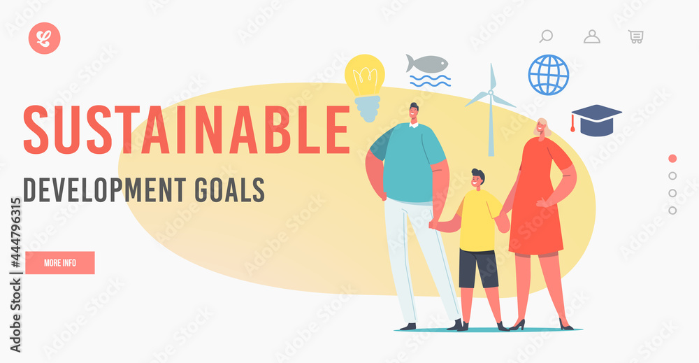 Sustainable Development Goals Landing Page Template. Family Characters Mother, Father and Little Child Holding Hands