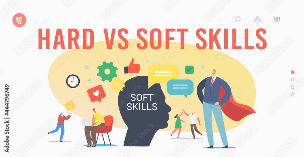 Hard VS Soft Skills Landing Page Template. Tiny Characters at Huge Human Head. Office Workers Empathy, Communication