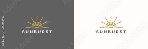 Abstract Sun Logo. Gold Hand Drawn Sun with Geometric Radial Rays of Sunburst isolated on Double Background. Usable for Nature and Branding Logos. Flat Vector Logo Design Template Element.