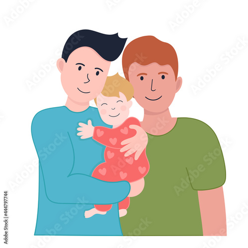 Vector illustration LGBT family. Two man and african american wihte and and child on hands