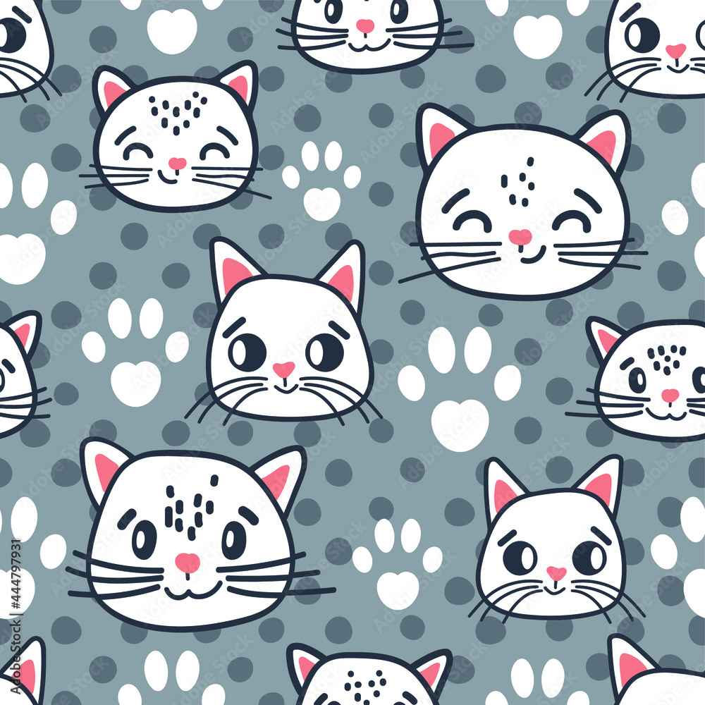 Cat seamless pattern. Cute kittens with sledomin against a gray background with polka dots. Childrens characters in scandinavian hand-drawn cartoon style. For children's fabrics, textiles, stationery. Cat seamless pattern. Cute kittens with sledomin against a gray background with polka dots. Childrens characters in scandinavian hand-drawn cartoon style. For children's fabrics, textiles, stationery.