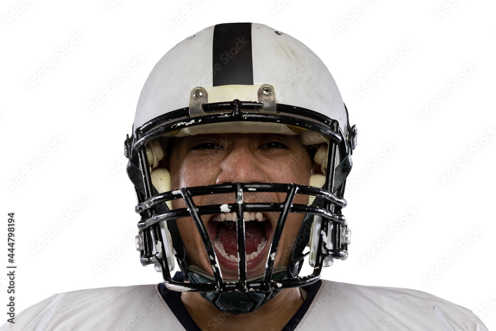 Close-up young American football player, athlete in helmet shouting isolated on white studio background. Concept of professional sport, championship, competition.