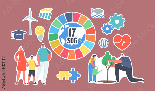 Set of Stickers Sustainable Development Goals. People Use Green Energy, Saving Planet, Growing Plants. 17 SDG Wheel