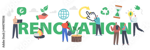 Renovation Concept. Characters Use Gadgets, Planting Trees, Ecology Innovation, Save Nature, Electricity Power Saving