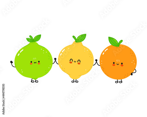 Cute happy lime, lemon and orange fruit. Vector hand drawn doodle style cartoon character illustration icon design. Сard whith cute happy lime, lemon and orange fruit. Friends concept
