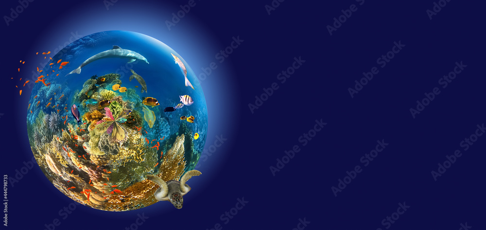 Naklejka premium underwater paradise background coral reef wildlife nature collage with shark manta ray sea turtle colorful fish background