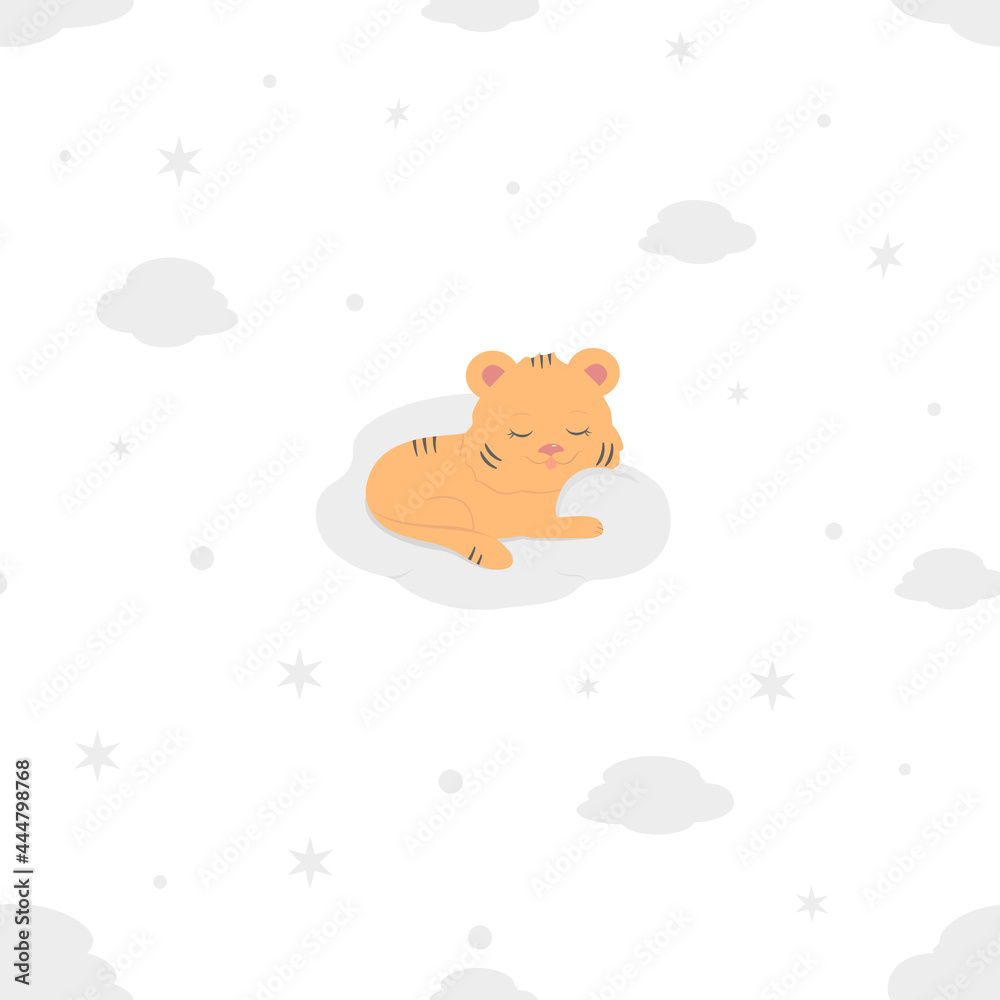 Children's cartoon seamless pattern. A tiger cub sleeps in the clouds against the background of stars. Template, blank for wallpaper, wrapping paper, textiles, covers, fabrics, etc. Children's cartoon seamless pattern. A tiger cub sleeps in the clouds against the background of stars. Template, blank for wallpaper, wrapping paper, textiles, covers, fabrics, etc.