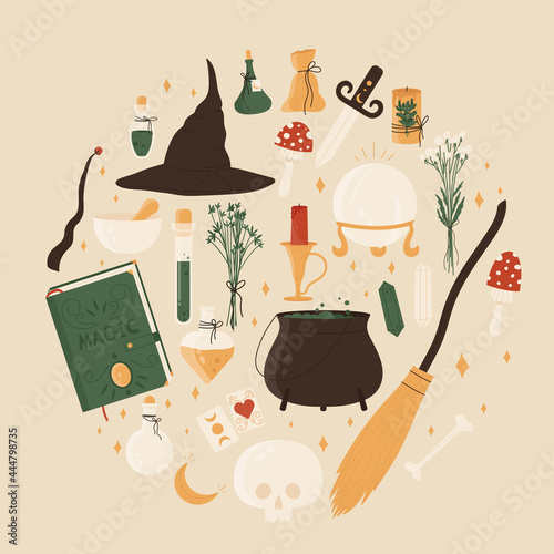 Witchcraft set. Fortune teller set. Magical occult elements for magic shop for witches concept. Esoteric and mystic symbols. Vector illustration in cartoon style. Isolated on white background.