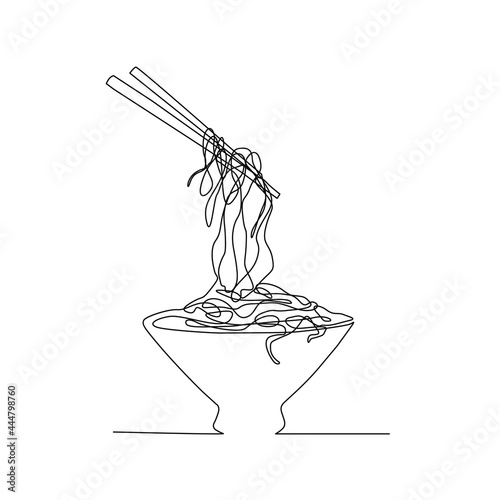 Continuous line drawing of asian noodle in the bowl. Ramen line art with active stroke.