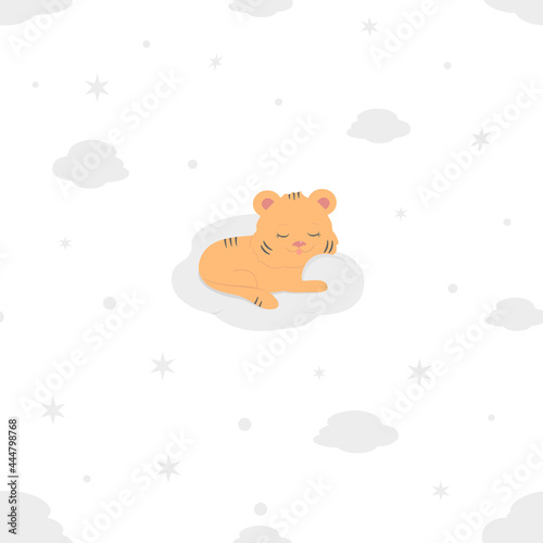 Children's cartoon seamless pattern. A tiger cub sleeps in the clouds against the background of stars. Template, blank for wallpaper, wrapping paper, textiles, covers, fabrics, etc.