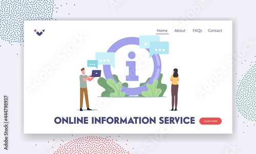 Online Information ServiceLanding Page Template. Characters Stand at Info Desk. People Need in Supermarket or Bank