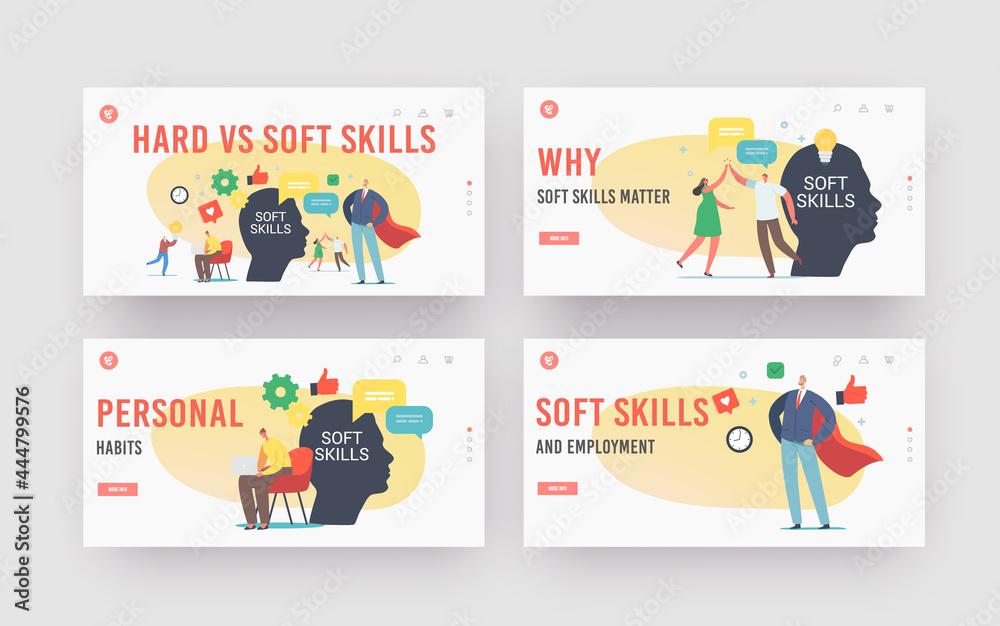 Soft Skills Landing Page Template Set. Tiny Characters at Huge Human Head. Office Workers Empathy, Communication
