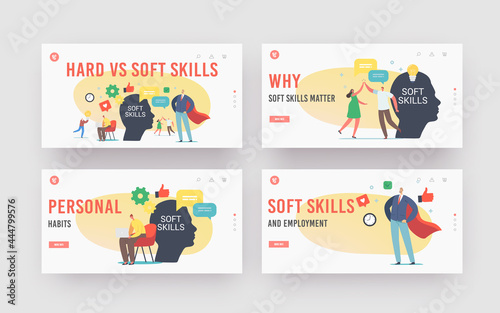 Soft Skills Landing Page Template Set. Tiny Characters at Huge Human Head. Office Workers Empathy, Communication