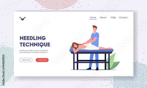 Needling Technique Landing Page Template. Female Character Applying Acupuncture Therapy, Therapist Inject Needles
