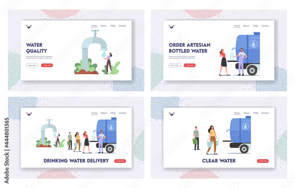 Drinking Water Landing Page Template Set. Characters with Buckets Stand in Line for Purchasing Fresh Aqua Outdoor