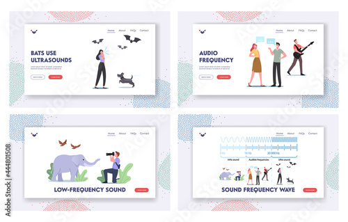 Sound Frequency Waves Landing Page Template Set. Tiny Characters at Huge Infographics Presenting Sound Amplitude