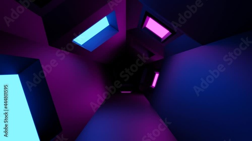 Neon light of Modern design., flight forward through digital corridor, appearing glowing pink blue lines, ultraviolet spectrum., 4K Looped Background Animation