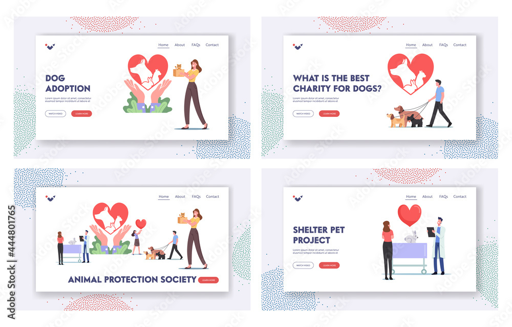 Animal Protection Society Landing Page Template Set. Characters Care of Pets, People Adopt Cats, Dogs or Rabbits Animal Protection Society Landing Page Template Set. Characters Care of Pets, People Adopt Cats, Dogs or Rabbits