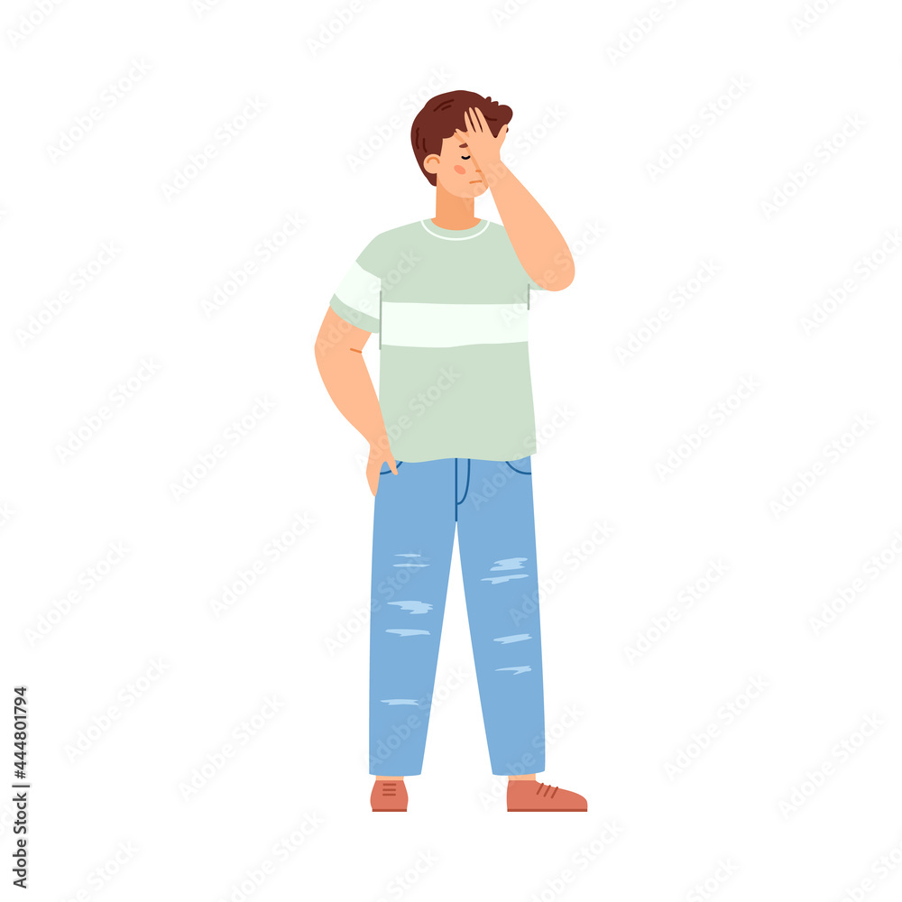 Upset man feeling disappointment or failure, flat vector illustration isolated. Upset man feeling disappointment or failure, flat vector illustration isolated.